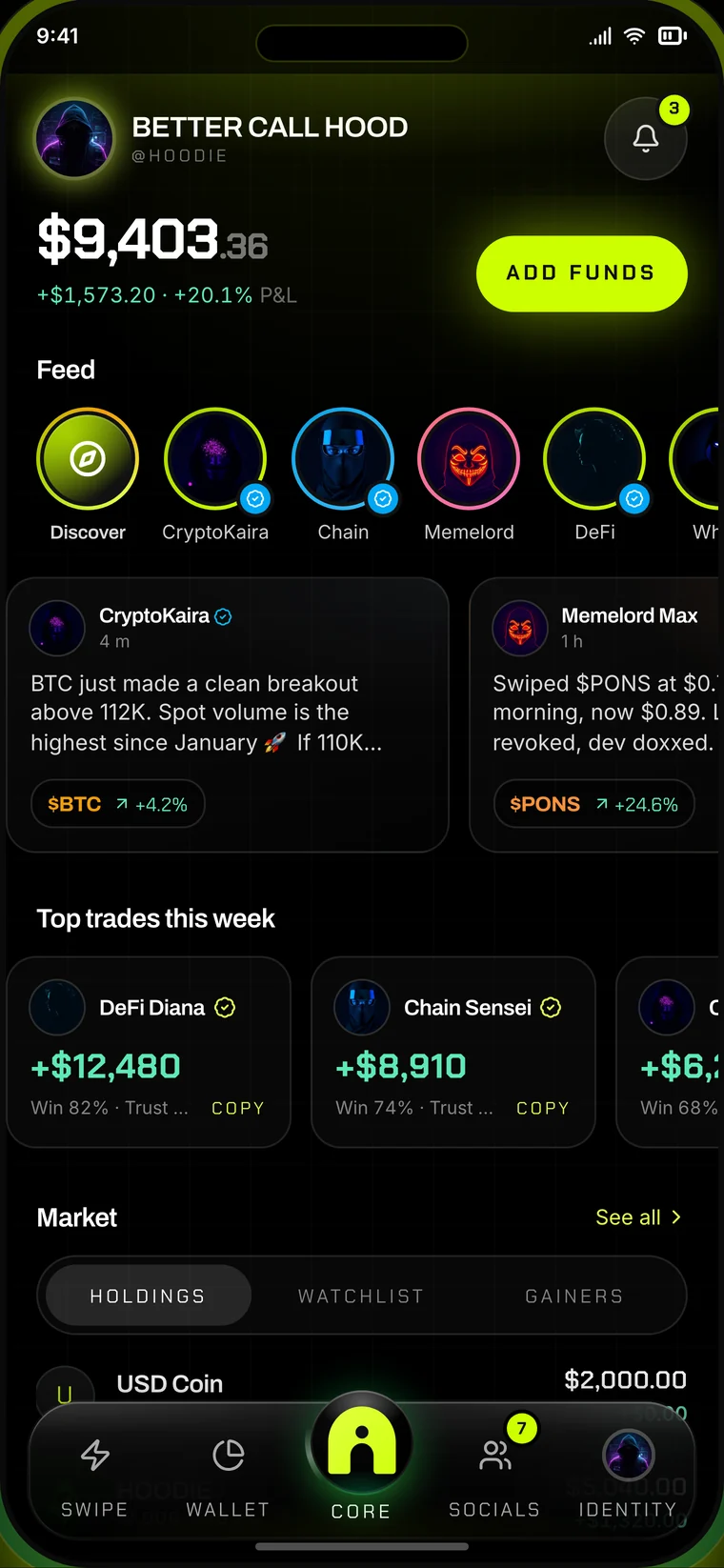 HOODIE core screen with net worth, feed, top trades and market