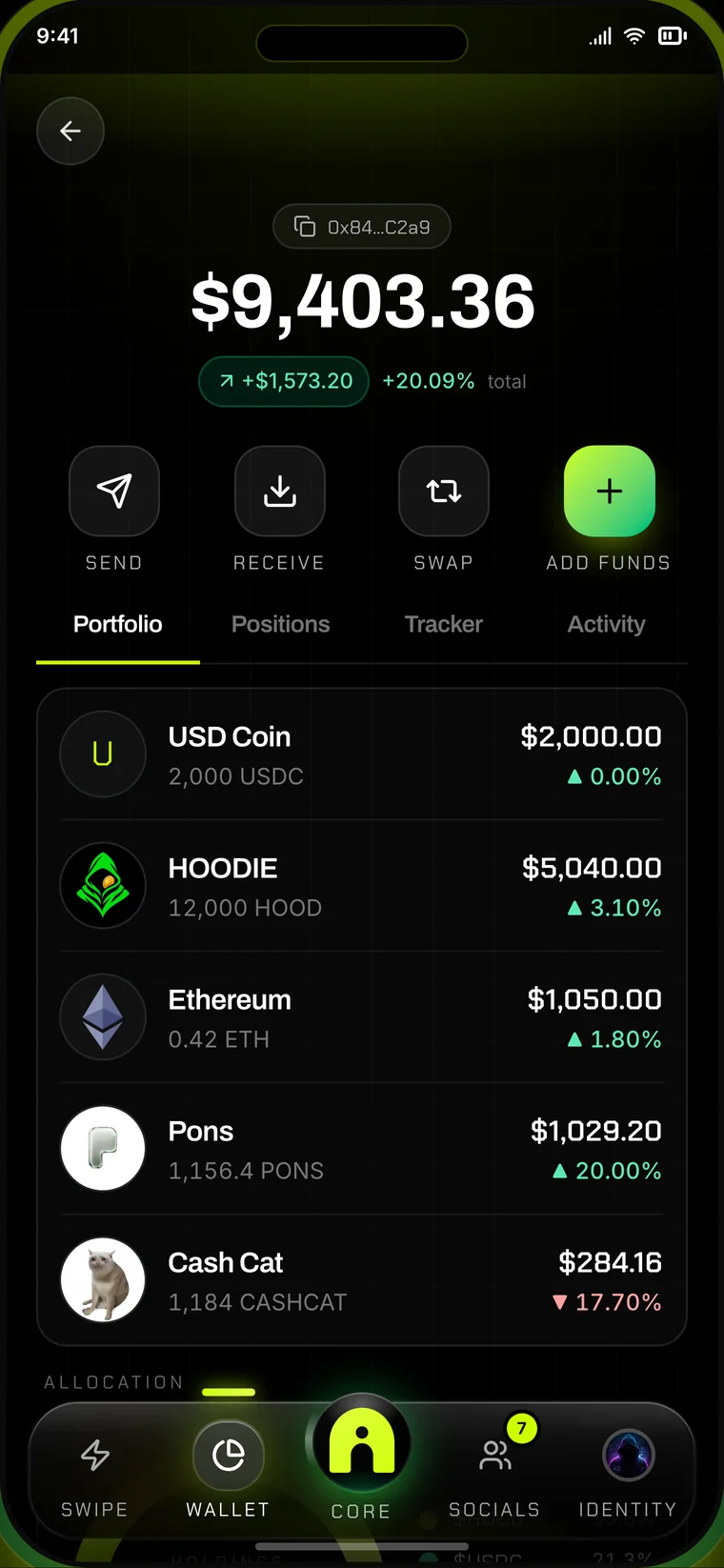 HOODIE wallet screen with balance, holdings and allocation