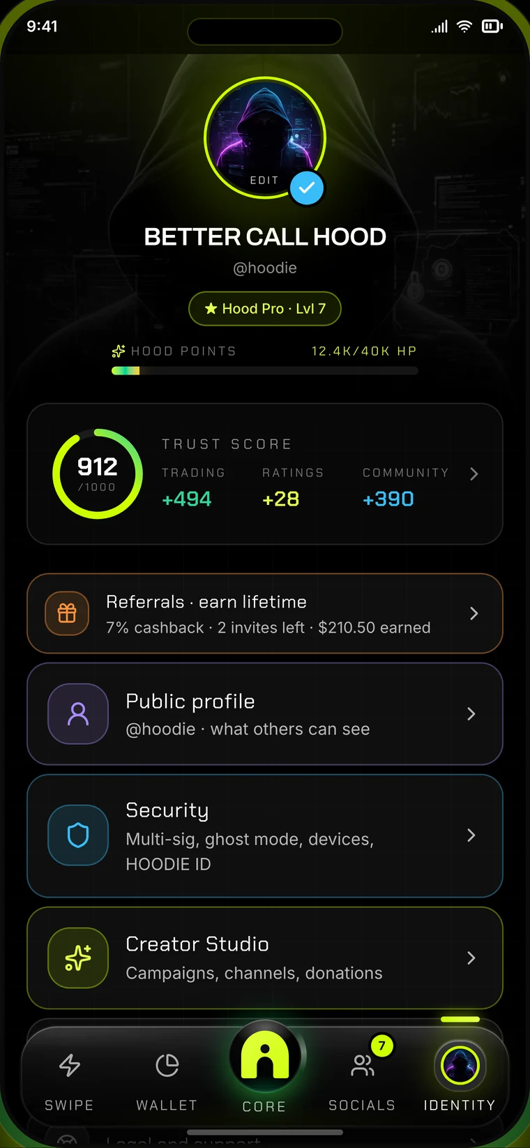 HOODIE identity screen in the demo app